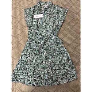 Popsugar vintage style classic belt button down dress green white print size XS